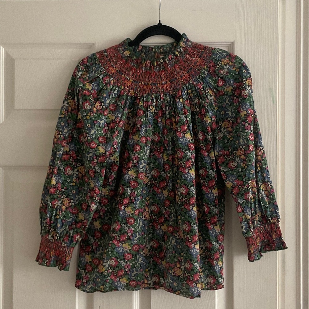 Sezane Green Floral Smocked High-Neck Blouse